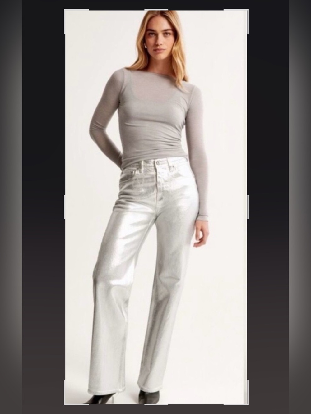 Abercrombe & Fitch metallic silver high-rise jeans.